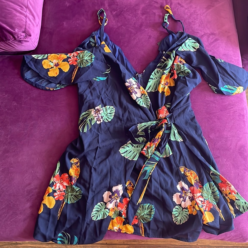 Navy Blue with Tropical Print, Cold Shoulder, Wrap Around Fashion Nova Romper